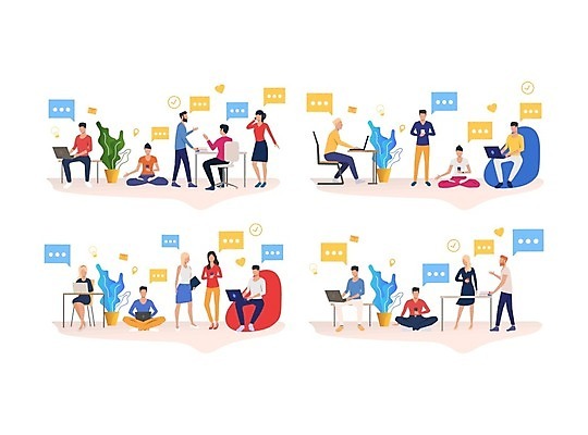 EPS 해외이미지 전신 여자 남자 말풍선 의자 일러스트 회의 서기 들기 앉기 여러명 성인 노트북 스마트폰 컴퓨터 비즈니스맨 비즈니스우먼 성인만 코워킹스페이스 해외202105 해외일러스트 가구 다수 비즈니스 모션 사람 전자제품 핸드폰 스마트기기 직장인 파일형식 벡터 공유경제