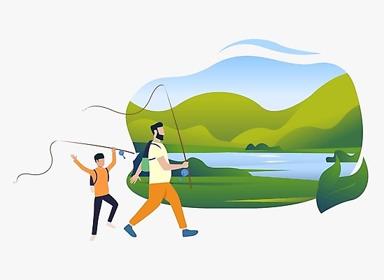 EPS 해외이미지 전신 남자 어린이 여행 일러스트 낚시 들기 소년 성인 두명 낚싯대 남자만 해외202105 해외일러스트 모션 레저 사람 낚시용품 파일형식 벡터