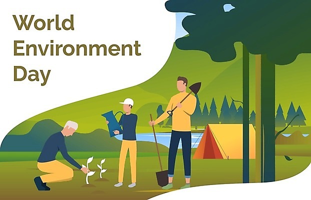 EPS 해외이미지 전신 나무 노년 남자 어린이 일러스트 텐트 서기 들기 소년 성인 타이포그라피 세명 초록색 물뿌리개 삽 웅크림 심기 남자만 세계환경의날 해외202105 해외일러스트 식물 문자 컬러 모션 캠핑도구 사람 파일형식 벡터 법정기념일