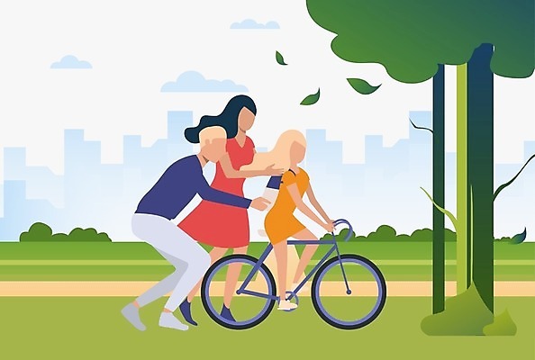 EPS 해외이미지 전신 나무 여자 남자 딸 어린이 일러스트 가족 나뭇잎 앉기 성인 세명 연두색 부모 자전거 잡기 도움 승차 연습 해외202105 해외일러스트 식물 컨셉 잎 관계 모션 사람 초록색 바이크 파일형식 벡터