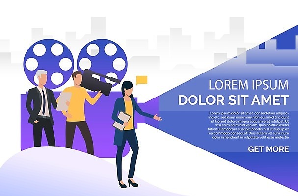 EPS 해외이미지 전신 여자 남자 말풍선 일러스트 서기 들기 정장 상반신 성인 세명 카메라 보라색 비즈니스맨 비즈니스우먼 아나운서 영화 성인만 해외202105 해외일러스트 직업 옷 컬러 비즈니스 모션 문화예술 사람 전자제품 직장인 파일형식 벡터