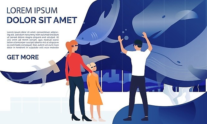 EPS 해외이미지 여자 남자 어린이 여러마리 일러스트 성인 세명 파란색 선글라스 고래 상어 수족관 해외202105 해외일러스트 안경 컬러 다수 포유류 어류 사람 수중동물 파일형식 벡터