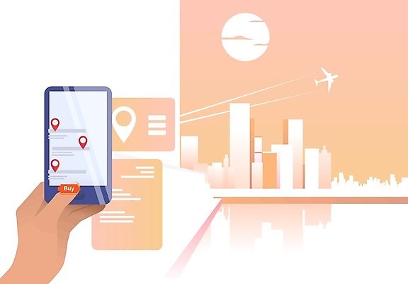 EPS 해외이미지 손 여행 일러스트 비행기 신체부위 스마트폰 주황색 도시 구매 항공권 모바일쇼핑 해외202105 해외일러스트 컬러 항공교통 대중교통 사람 핸드폰 스마트기기 쇼핑 티켓 온라인쇼핑 파일형식 벡터