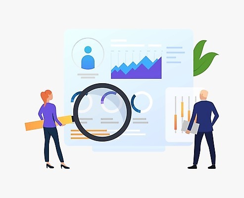 EPS 해외이미지 전신 여자 남자 일러스트 돋보기 그래프 서기 들기 성인 두명 파란색 비즈니스맨 비즈니스우먼 면접관 성인만 해외202105 해외일러스트 컬러 비즈니스 모션 사람 직장인 면접 파일형식 벡터