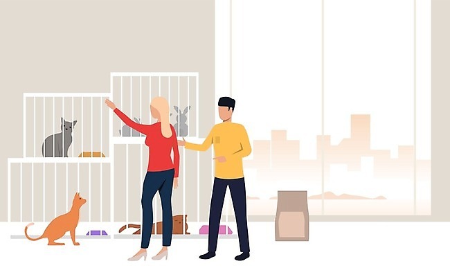 EPS 해외이미지 여자 남자 여러마리 일러스트 서기 성인 두명 고양이 가리킴 토끼 베이지색 애완동물가게 케이지 성인만 해외202105 해외일러스트 반려용품 컬러 다수 포유류 모션 사람 손짓 반려동물 상점 오브젝트 파일형식 벡터