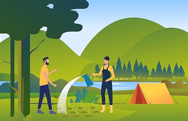 EPS 해외이미지 전신 여자 남자 일러스트 자연 산 텐트 서기 들기 성인 두명 연두색 농사 물뿌리개 물주기 성인만 해외202105 해외일러스트 농업 모션 캠핑도구 사람 초록색 생태계 파일형식 벡터