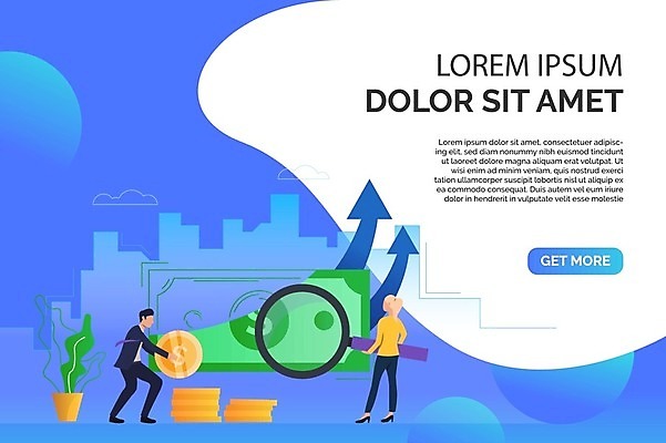 EPS 해외이미지 여자 남자 화살표 지폐 일러스트 돋보기 서기 들기 정장 성인 두명 파란색 동전 원형 성인만 해외202105 해외일러스트 도형 옷 컬러 돈 모션 사람 파일형식 벡터