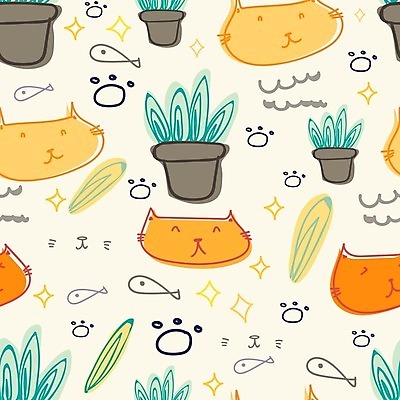 EPS 해외이미지 식물 꽃 화분 패턴 여러마리 일러스트 어류 사람없음 노란색 개발자국 해외202105 해외일러스트 컬러 다수 무늬 수중동물 발자국 파일형식 벡터