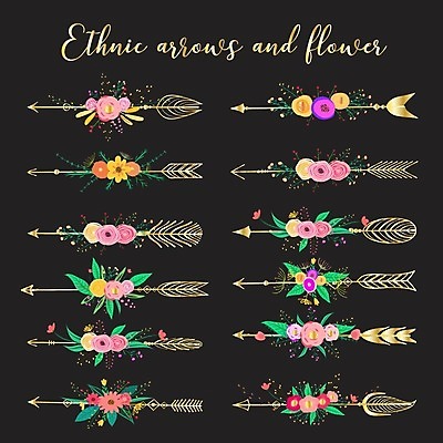 EPS 해외이미지 꽃 잎 일러스트 화살 사람없음 검은색 황금 해외202105 해외일러스트 식물 컬러 파일형식 벡터