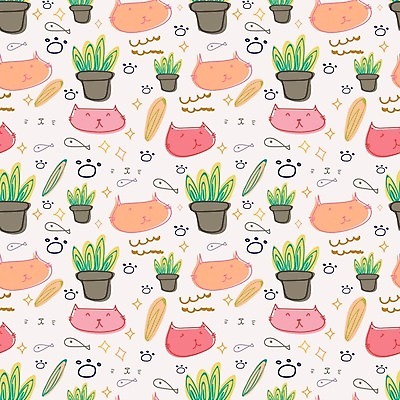 EPS 해외이미지 화분 잎 패턴 여러마리 일러스트 어류 사람없음 고양이 해외202105 해외일러스트 식물 다수 무늬 포유류 반려동물 수중동물 파일형식 벡터