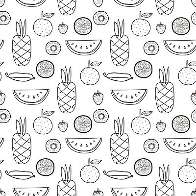 EPS 해외이미지 백그라운드 패턴 오렌지 일러스트 딸기 수박 바나나 키위 사람없음 세트 흰색 스케치 레몬 파인애플 망고 해외202105 해외일러스트 컬러 무늬 과일 미술 열대과일 파일형식 벡터