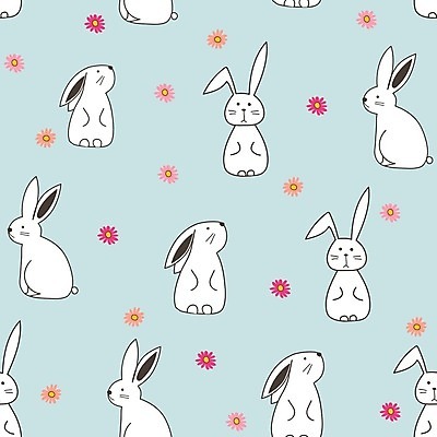 EPS 해외이미지 꽃 하늘색 백그라운드 패턴 여러마리 일러스트 사람없음 패턴백그라운드 토끼 해외202105 해외일러스트 식물 다수 무늬 포유류 파란색 반려동물 파일형식 벡터
