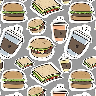 EPS 해외이미지 커피 백그라운드 패턴 일러스트 샌드위치 사람없음 회색 패턴백그라운드 햄버거 테이크아웃컵 해외202105 해외일러스트 음료 음식 컬러 무늬 패스트푸드 컵 파일형식 벡터