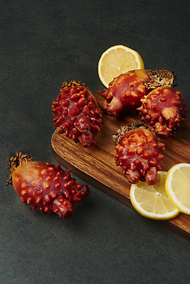 포토 JPG 스튜디오촬영 음식 검은배경 실내 사람없음 레몬 해산물 나무도마 멍게 국내포토 백그라운드 과일 도마 내부 목재 검은색 바다동물 파일형식