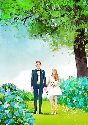 전신 PSD 나무 커플 공원 여자 남자 부케 웨딩드레스 결혼 일러스트 서기 미소 들기 정장 성인 두명 여름 손잡기 화관 수국 신랑신부 성인만 웨딩촬영 국내일러스트 식물 드레스 옷 계절 공공시설 꽃 신부_웨딩 꽃다발 신랑 관계 모션 표정 사람 이벤트 기념사진 파일형식