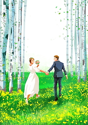 전신 PSD 나무 커플 여자 남자 꽃 부케 웨딩드레스 결혼 일러스트 들기 정장 초원 성인 두명 여름 달리기 손잡기 화관 뒤돌아보기 숲 신랑신부 성인만 웨딩촬영 국내일러스트 식물 드레스 옷 계절 신부_웨딩 꽃다발 신랑 관계 모션 사람 이벤트 기념사진 파일형식