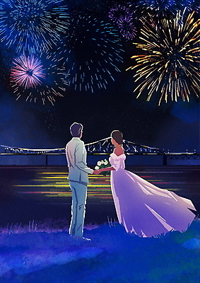 전신 PSD 커플 응시 여자 남자 바다 부케 웨딩드레스 결혼 일러스트 불꽃놀이 서기 들기 정장 성인 두명 손잡기 남색 신랑신부 가교 성인만 웨딩촬영 국내일러스트 건축물 시선 드레스 옷 신부_웨딩 컬러 꽃다발 신랑 관계 모션 놀이 사람 이벤트 기념사진 파일형식