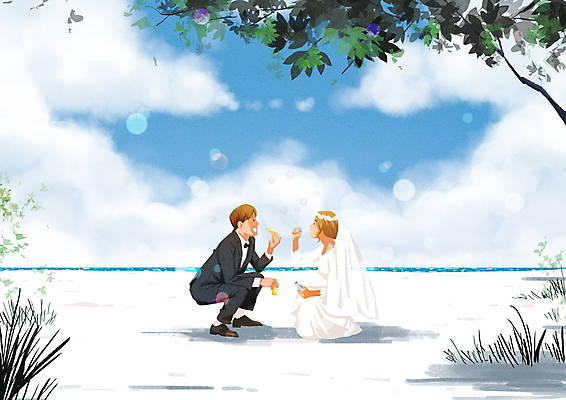 전신 PSD 나무 구름 커플 여자 남자 웨딩드레스 결혼 일러스트 면사포 들기 정장 성인 해변 두명 여름 마주보기 비눗방울 웅크림 비눗방울놀이 신랑신부 성인만 웨딩촬영 국내일러스트 자연요소 식물 드레스 옷 계절 신부_웨딩 바다 신랑 관계 모션 놀이 사람 이벤트 결혼소품 기념사진 파일형식