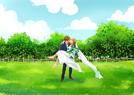 전신 PSD 나무 구름 커플 공원 여자 남자 부케 웨딩드레스 결혼 일러스트 안기 키스 서기 들기 정장 성인 두명 초록색 울타리 신랑신부 성인만 웨딩촬영 국내일러스트 자연요소 식물 드레스 옷 공공시설 신부_웨딩 컬러 꽃다발 신랑 관계 모션 사람 이벤트 담장 애정표현 기념사진 파일형식