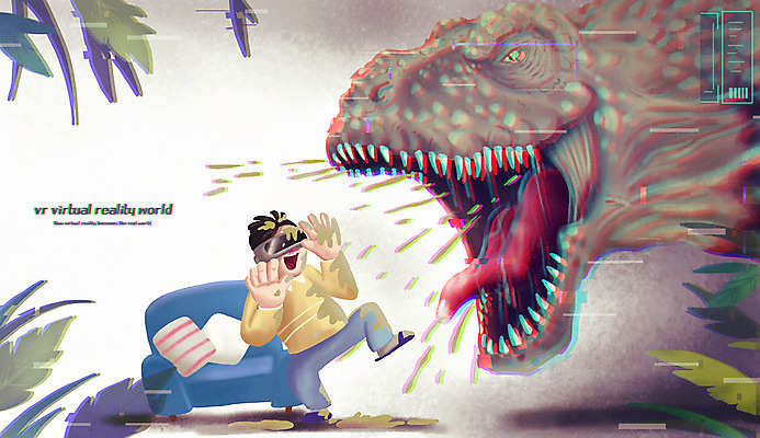 전신 PSD 남자 일러스트 미래 입벌림 한명 성인 소파 놀람 체험 공룡 가상공간 티라노사우루스 한발서기 홀로그램 가상현실 성인남자한명만 VR기기 국내일러스트 1 감정 컨셉 의자 파충류 표정 서기 사람 기계 육식공룡 남자한명만 성인남자만 파일형식