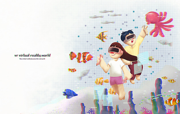 전신 PSD 여자 남자 어린이 일러스트 미래 들기 소녀 소년 두명 바닷속 가리킴 체험 산호 열대어 문어 가상공간 홀로그램 가상현실 어린이만 VR기기 국내일러스트 컨셉 모션 연체동물 어류 사람 손짓 수중 수중동물 기계 자포동물 파일형식