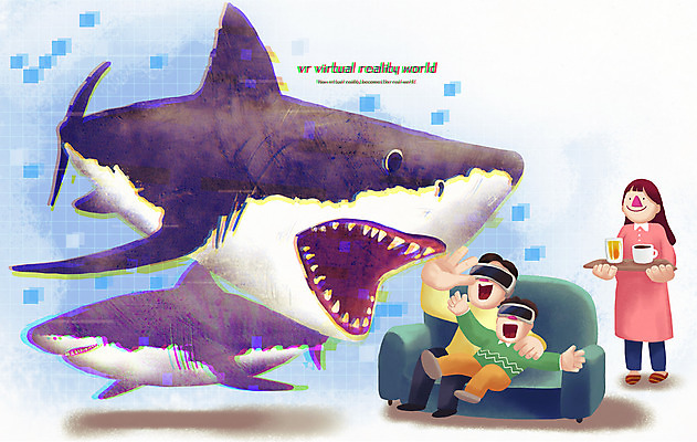 전신 PSD 여자 남자 어린이 두마리 일러스트 가족 미래 입벌림 서기 들기 앉기 소년 성인 세명 소파 놀람 체험 상어 가상공간 홀로그램 가상현실 어깨에손 VR기기 국내일러스트 감정 컨셉 2 의자 관계 모션 표정 어류 사람 기계 파일형식