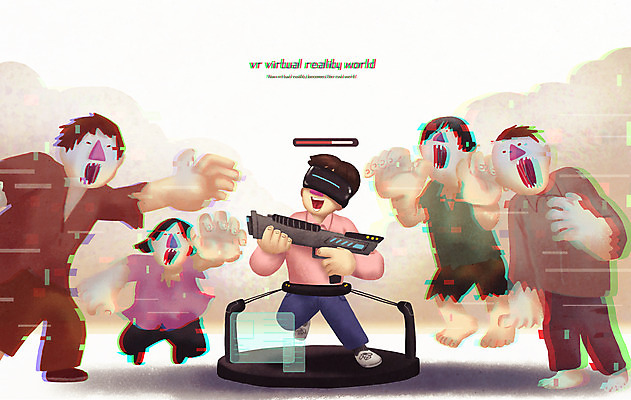 전신 PSD 여자 남자 일러스트 미래 들기 여러명 성인 총 게임 체험 즐거움 가상공간 홀로그램 좀비 가상현실 성인만 VR기기 국내일러스트 감정 무기 다수 컨셉 모션 놀이 사람 기계 파일형식