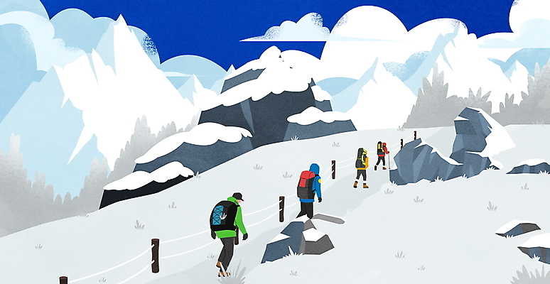 전신 PSD 구름 여자 남자 일러스트 풍경 여러명 성인 걷기 하이킹 등산객 산행 산길 등산로 성인만 설산 눈덮임 국내일러스트 자연요소 길 다수 컨셉 모션 레저 산 사람 등산 파일형식