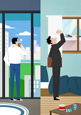 전신 PSD 한마리 라이프스타일 남자 일러스트 창문 탁자 서기 성인 두명 고양이 카펫 마시기 침대 비즈니스맨 비교 물병 출근준비 캔맥주 양극 컵라면 성인남자만 국내일러스트 1 가구 컨셉 비즈니스 포유류 모션 맥주 사람 생활 반려동물 라면 직장인 캔 물통 출근 남자만 성인만 파일형식