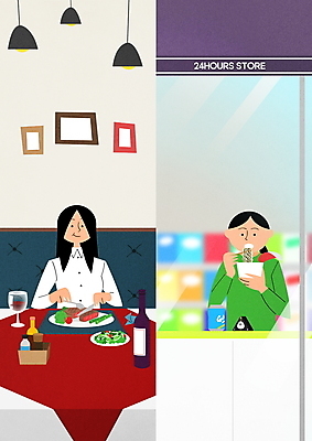 PSD 라이프스타일 여자 일러스트 전등 스테이크 들기 상반신 성인 두명 레스토랑 와인 비교 자르기 먹기 외식 캔맥주 삼각김밥 양극 컵라면 편의점 성인여자만 국내일러스트 컨셉 모션 조명 맥주 주류 서양음식 사람 생활 상점 식당 라면 캔 김밥 여자만 성인만 파일형식