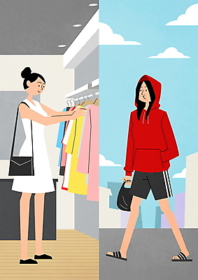 전신 PSD 라이프스타일 여자 일러스트 비닐봉투 슬리퍼 들기 성인 두명 운동복 쇼핑 걷기 비교 옷걸이 주머니손 옷가게 새옷 양극 성인여자만 국내일러스트 옷 신발 컨셉 모션 봉투 사람 생활 상점 여자만 성인만 파일형식