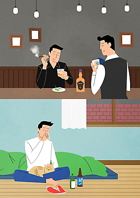 전신 PSD 한마리 라이프스타일 남자 일러스트 창문 맥주 담배 들기 앉기 상반신 성인 세명 과자 고양이 이불 마시기 바 비교 바텐더 반려 양극 위스키 위스키병 성인남자만 국내일러스트 1 컨셉 포유류 침구 모션 디저트 주류 사람 생활 반려동물 남자만 성인만 파일형식