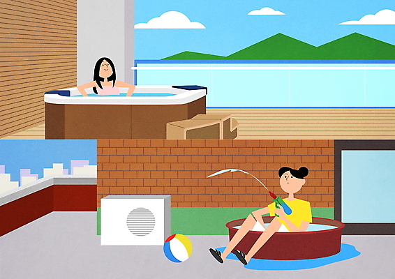 전신 PSD 라이프스타일 여자 일러스트 들기 앉기 상반신 성인 두명 스파 비교 비치볼 옥상 반신욕 고무대야 물총 실외기 양극 성인여자만 국내일러스트 컨셉 공 모션 바캉스용품 사람 생활 목욕 대야 여자만 성인만 파일형식