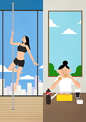 전신 PSD 라이프스타일 여자 몸매관리 일러스트 창문 들기 상반신 성인 두명 치킨 비교 먹기 콜라 양극 자기관리 폴댄스 성인여자만 국내일러스트 컨셉 다이어트 모션 사람 생활 춤 탄산음료 닭고기요리 여자만 성인만 파일형식