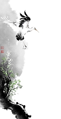 PSD 나무 한마리 일러스트 캘리그라피 붓터치 풍경 사람없음 계곡 나뭇가지 비행 동양화 번짐 낙관 황새 화조화 국내일러스트 식물 1 조류 미술 파일형식 효과