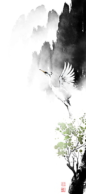 PSD 나무 한마리 일러스트 캘리그라피 붓터치 나뭇잎 산 풍경 사람없음 계곡 나뭇가지 비행 왜가리 동양화 번짐 낙관 화조화 국내일러스트 식물 1 잎 조류 미술 파일형식 효과