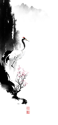 PSD 한마리 꽃 일러스트 캘리그라피 붓터치 산 풍경 사람없음 계곡 학 바위 나뭇가지 동양화 번짐 낙관 화조화 국내일러스트 나무 식물 1 조류 미술 돌_바위 파일형식 효과