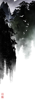 PSD 나무 일러스트 캘리그라피 붓터치 산 풍경 사람없음 골짜기 숲 동양화 번짐 낙관 새떼 국내일러스트 식물 자연 조류 미술 파일형식 효과