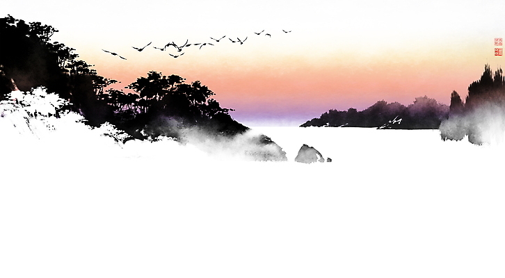 PSD 나무 일러스트 캘리그라피 하늘 붓터치 산 풍경 사람없음 노을 골짜기 안개 숲 동양화 번짐 낙관 새떼 국내일러스트 자연요소 식물 자연 조류 날씨 미술 파일형식 효과