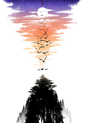 PSD 나무 구름 일러스트 캘리그라피 붓터치 산 풍경 사람없음 태양 노을 숲 동양화 번짐 낙관 새떼 국내일러스트 자연요소 식물 조류 미술 파일형식 효과