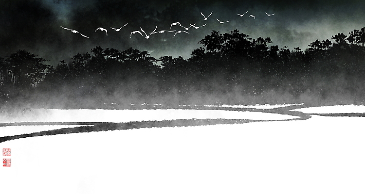 PSD 나무 밭 일러스트 캘리그라피 붓터치 산 풍경 사람없음 안개 숲 동양화 번짐 낙관 새떼 국내일러스트 식물 농업 조류 날씨 미술 파일형식 효과