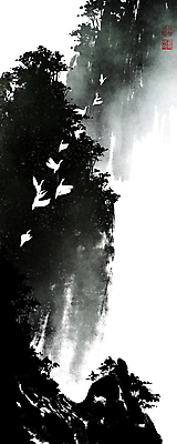 PSD 나무 일러스트 캘리그라피 붓터치 산 풍경 사람없음 골짜기 안개 숲 동양화 번짐 낙관 새떼 국내일러스트 식물 자연 조류 날씨 미술 파일형식 효과