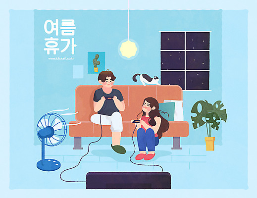 전신 한마리 커플 여자 남자 화분 하늘색 일러스트 창문 주택 앉기 성인 두명 여름휴가 바캉스 소파 고양이 게임 선풍기 야간 게임기 반려 성인만 국내일러스트 AI파일 자연요소 1 의자 포유류 관계 모션 놀이 휴가 사람 건물 파란색 반려동물 가전제품 파일형식 벡터 여름_계절