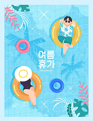 전신 모자 여자 남자 수영복 하늘색 일러스트 수영장 성인 두명 여름휴가 바캉스 선글라스 야자수 눕기 튜브 얼굴가리기 열대잎 성인만 국내일러스트 AI파일 나무 잡화 옷 안경 잎 모션 휴가 사람 파란색 가림 파일형식 벡터 여름_계절