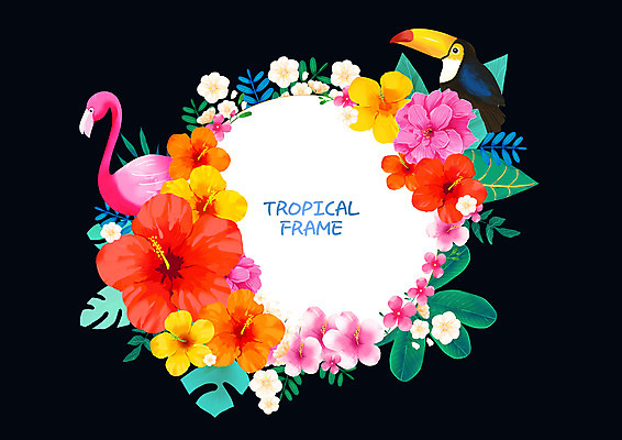 PSD 두마리 일러스트 사람없음 플라밍고 꽃프레임 열대꽃 열대잎 프레임일러스트 토코투칸 트로피컬아트 국내일러스트 꽃 잎 2 조류 프레임 그림 파일형식