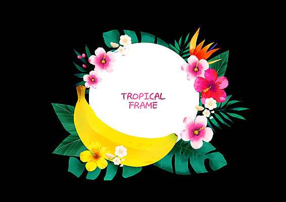 PSD 일러스트 프레임 바나나 사람없음 야자수잎 꽃프레임 열대꽃 프레임일러스트 트로피컬아트 국내일러스트 꽃 잎 과일 그림 파일형식