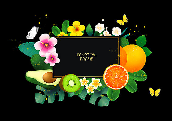 PSD 나비 오렌지 일러스트 프레임 키위 세마리 사람없음 자몽 아보카도 열대꽃 열대잎 프레임일러스트 트로피컬아트 국내일러스트 꽃 곤충 잎 과일 3 그림 파일형식