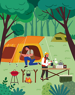 전신 나무 커플 여자 남자 커피 일러스트 주전자 휴식 텐트 서기 들기 앉기 성인 두명 초록색 캠핑 숲 모닥불 바베큐그릴 반합 성인만 국내일러스트 AI파일 식물 음료 컬러 컨셉 관계 모션 주방용품 불 레저 캠핑도구 사람 그릴 바비큐 파일형식 벡터