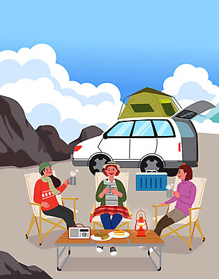 전신 구름 여자 일러스트 자동차 탁자 휴식 텐트 들기 앉기 성인 컵 세명 친구 캠핑 랜턴 라디오 성인여자만 차박 캠핑의자 국내일러스트 AI파일 자연요소 식기 육상교통 가구 컨셉 의자 관계 모션 레저 조명 캠핑도구 사람 전자제품 여자만 성인만 파일형식 벡터