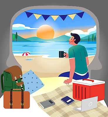 구름 남자 바다 가방 일러스트 배낭 자동차 휴식 한명 미소 들기 앉기 상반신 성인 해변 책 컵 노트북 모래사장 일출 캠핑 가랜드 성인남자한명만 차박 국내일러스트 AI파일 자연요소 1 식기 잡화 육상교통 컨셉 모션 레저 표정 사람 전자제품 노을 파티용품 남자한명만 성인남자만 파일형식 벡터
